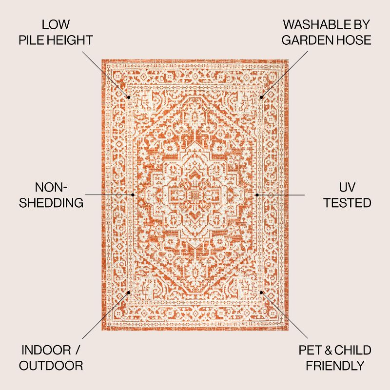 3' x 5' Sinjuri Medallion Textured Weave Indoor/Outdoor Area Rug, Orange/Cream - JONATHAN Y