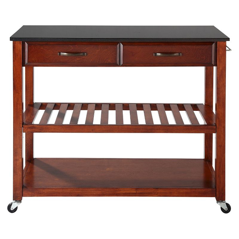 Crosley Solid Black Granite Top Kitchen Cart/Island with Optional Stool Storage Classic Cherry: Modern Rolling Furniture with Storage, 2 Shelves