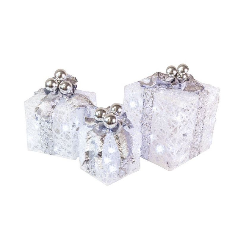 Novelty Lights LED Pre-Lit Twinkle Glittered White Gift Boxes at Christmas for Under Tree Decoration, 70 lights, Pure White, Set of 3