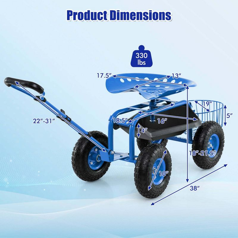 Costway Garden Cart Patio Wagon Roll Work Seat with Tray Basket Extendable Handle Blue