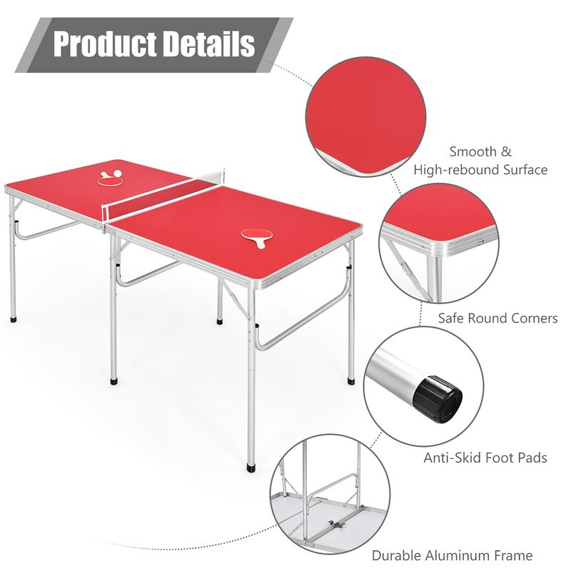 Costway 60'' Portable Table Tennis Ping Pong Folding Table with Accessories Indoor Game Red