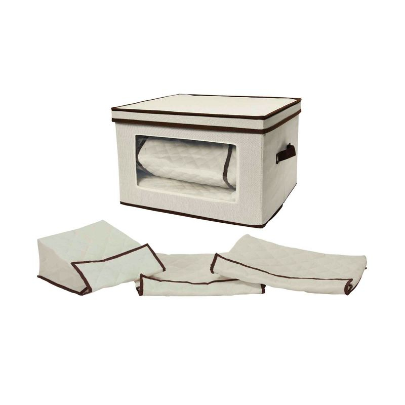 Large Serveware Storage Box, Polyester Canvas with Fiberboard Sides, 3 Protective Pouches, Fully Removable Lid, Natural with Brown Trim