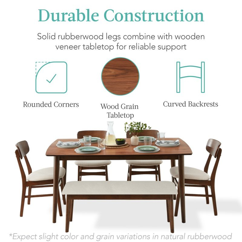 Best Choice Products 6-Piece Mid-Century Modern Upholstered Wooden Dining Set w/ 4 Chairs, Bench - Walnut/Cream