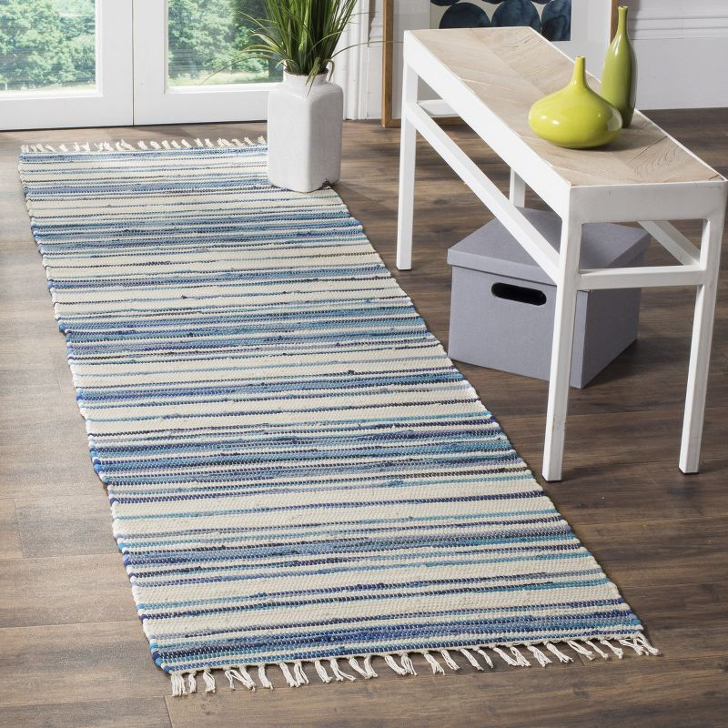 Rag Rug RAR126 Hand Woven Indoor Runner Rug - 2'3"x9' - Ivory/Blue - Safavieh