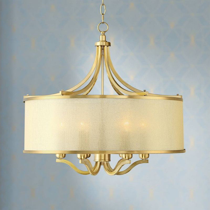 Possini Euro Design Sydney Warm Brass Drum Chandelier 25" Wide Modern Clear Gold Organza Shade 6-Light Fixture for Dining Room House Kitchen Island