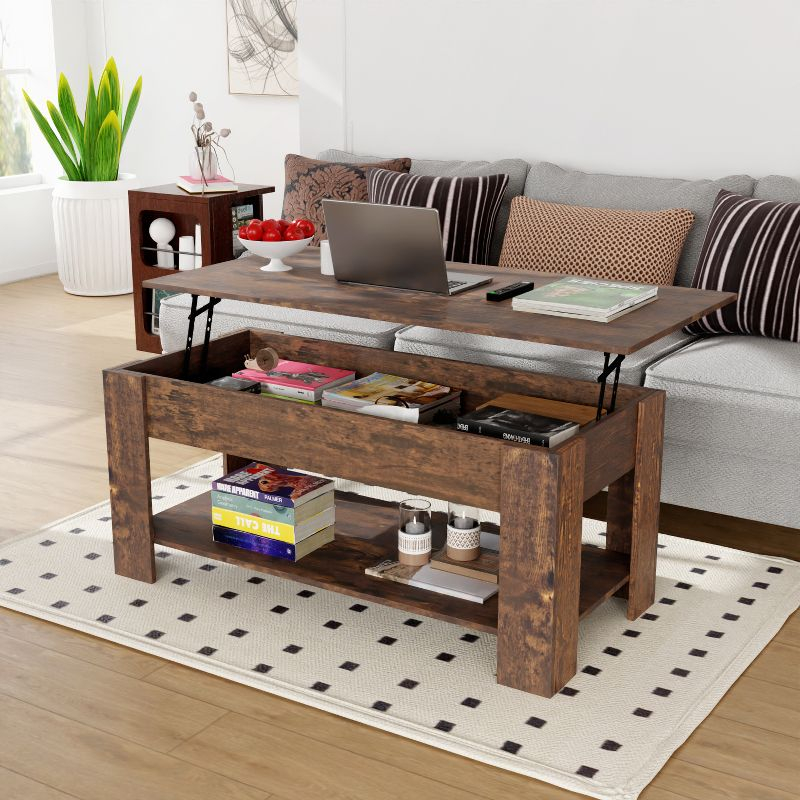 FDW Coffee Table Lift Top Coffee Tables with Hidden Compartment and Storage Shelf Wooden Lift Tabletop Dining Table for Living Room Home (Brown)