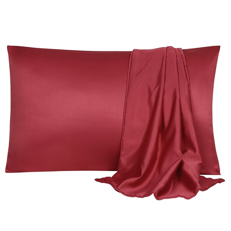 PiccoCasa Silky Satin Soft Breathable Envelope Closure Pillowcases 2 Pcs Burgundy 20"x26"