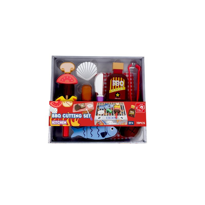 Leo and Friends Wooden Play Grill and Serve BBQ Playset (19 Pcs)-Toy Kitchen Accessories, BBQ cutting set -Birthday Kid Indoor Outdoor Play Gift Idea