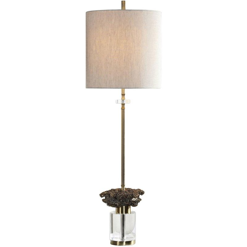 Uttermost Modern Buffet Table Lamp 34" Tall Brushed Brass Crystal Oatmeal Linen Drum Shade for Living Room Bedroom House Dining