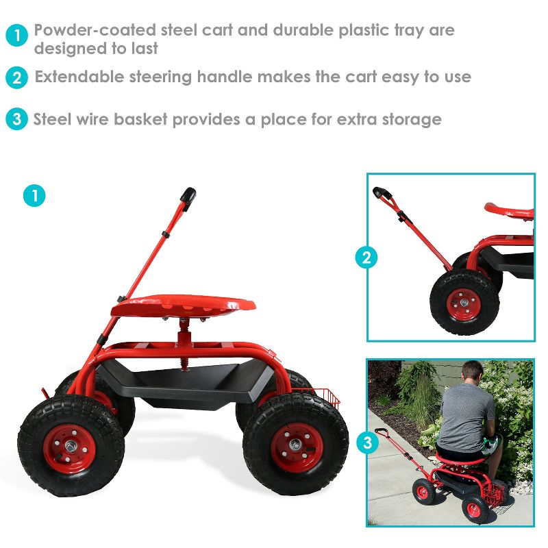 Sunnydaze Outdoor Heavy-Duty Steel Rolling Gardening Cart with Extendable Steer Handle, Swivel Chair, Tool Tray, and Basket - Red