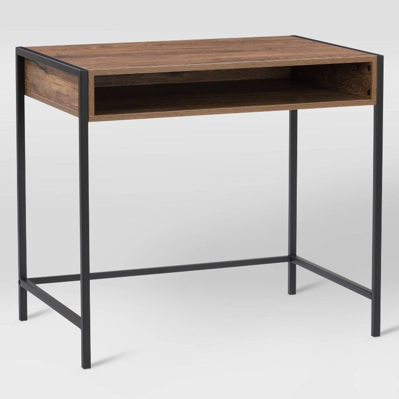 CorLiving Auston Wood Grain Desk Brown: 34" Modern Laminated Office, Open Storage Shelf