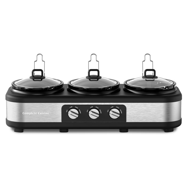 Complete Cuisine Stainless Steel Triple Slow Cooker, Buffet Food Server with Removable Ceramic Pots, Glass Lids for Kitchen, 2.5 Quart, Black/Silver