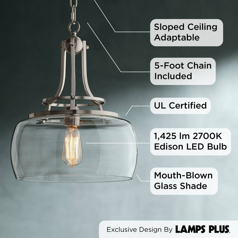 Franklin Iron Works Charleston Brushed Nickel Pendant Light 13 1/2" Wide Modern LED Clear Glass for Dining Room Kitchen Island