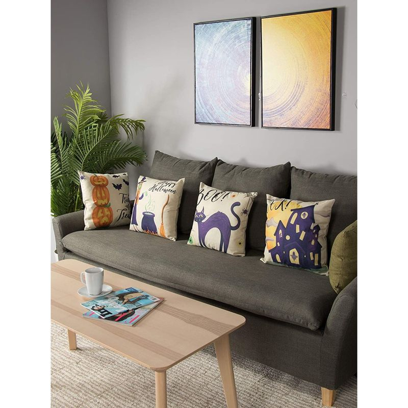 Juvale Set of 4 Fall Halloween Pillow Covers, 4 Spooky Designs, Square Throw Pillowcases for Halloween Decor (18 x 18 in)