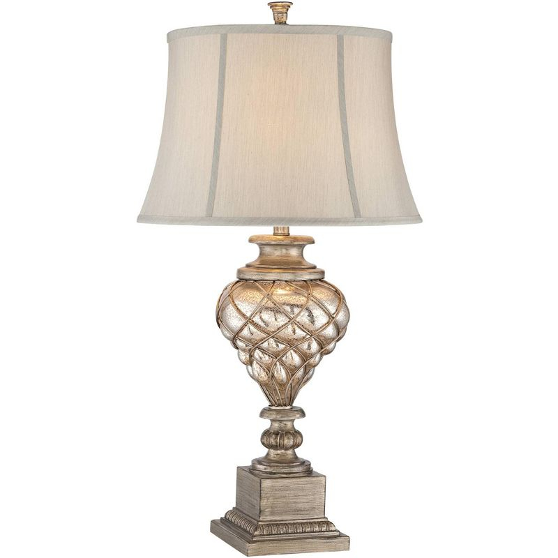 Barnes and Ivy Traditional Table Lamp with LED Nightlight Dimmer 33 3/4" Tall Mercury Glass Off-White Shade for Bedroom Nightstand