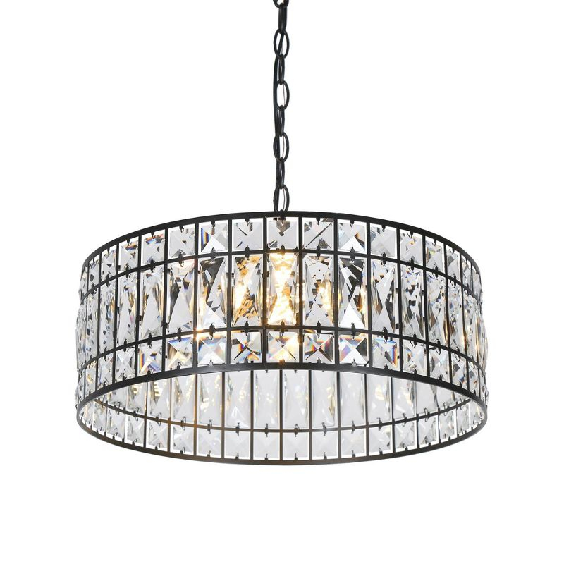 LNC Chispa 3-Light Matte Black Drum LED Dry Rated Chandelier: UL Listed, Adjustable Height, Crystal Decor
