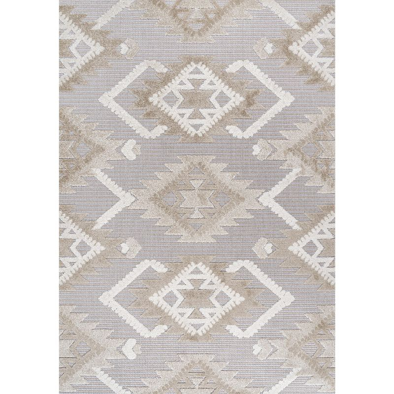 3'x5' Sumak High-Low Pile Neutral Diamond Kilim Indoor/Outdoor Area Rug, Beige/Gray - JONATHAN Y