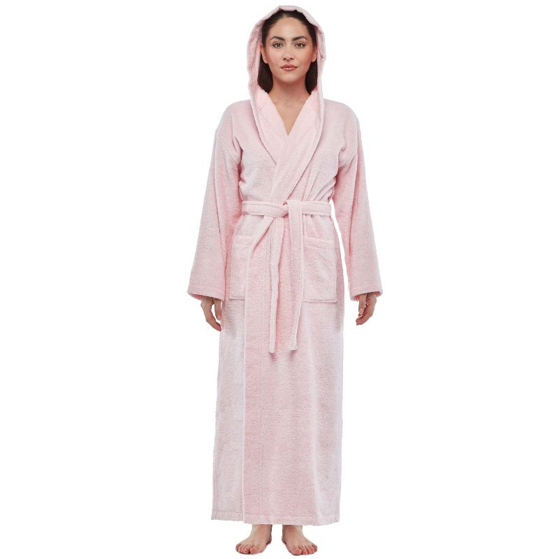 Arus Women's Turkish Terry Cotton Hooded Robe, Full Length Long Bathrobe with Hood , Rose , X Small
