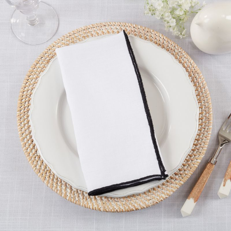 Saro Lifestyle Stitched Border Stonewashed Linen Napkins (Set of 4), Black, 20" x 20"