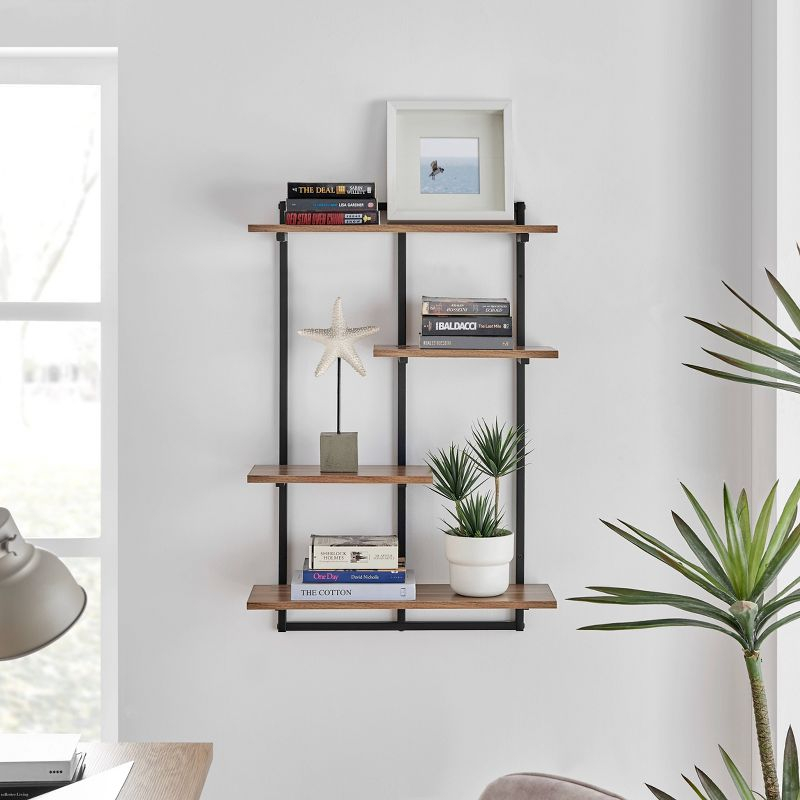 Danya B. 34.5" x 23.6" Rhodes 4 Tier Modern Floating Windowsill Wall Shelf Unit Black/Light Walnut: MDF & Iron, Open Design