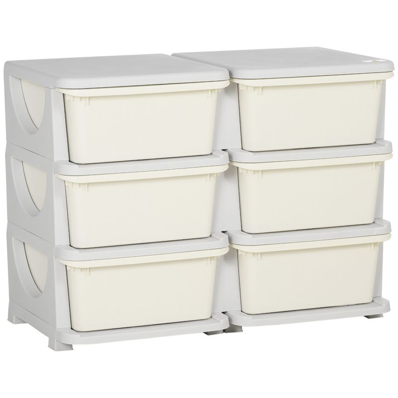 Qaba 3 Tier Kids Storage Unit w/ 6 Drawers Chest Toy Organizer Plastic Bins for Kids Bedroom Nursery Living Room for Boys Girls Toddlers, Cream