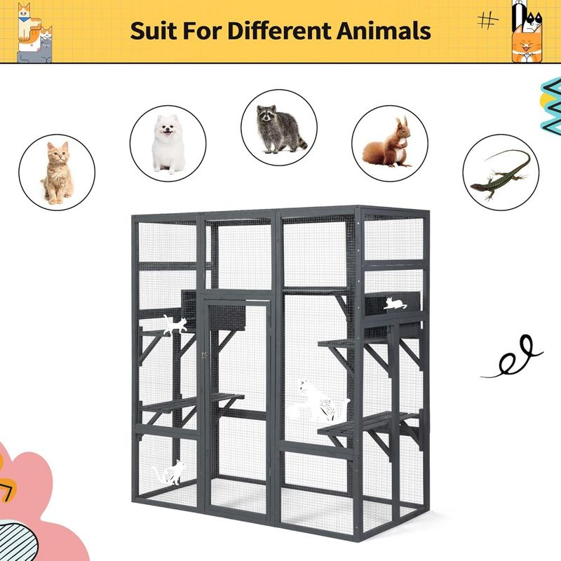 COZIWOW Large Catio Outdoor Cat Enclosure, 70" Spacious Cat House with Perches and Condos with Waterproof Roof, 7 Platforms, and 2 Resting Box, Grey