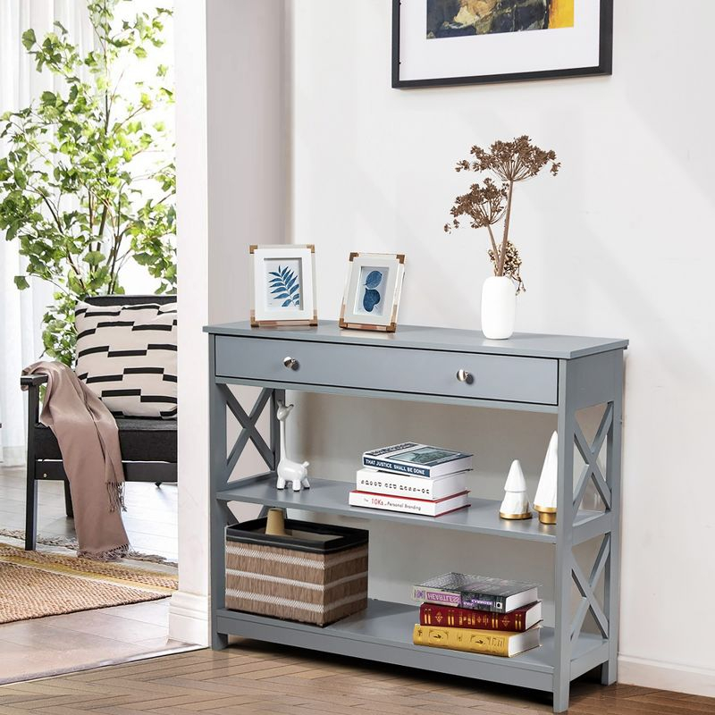 Costway 3-Tier Console Table X-Design Sofa Entryway Table with Drawer & Shelves Gray