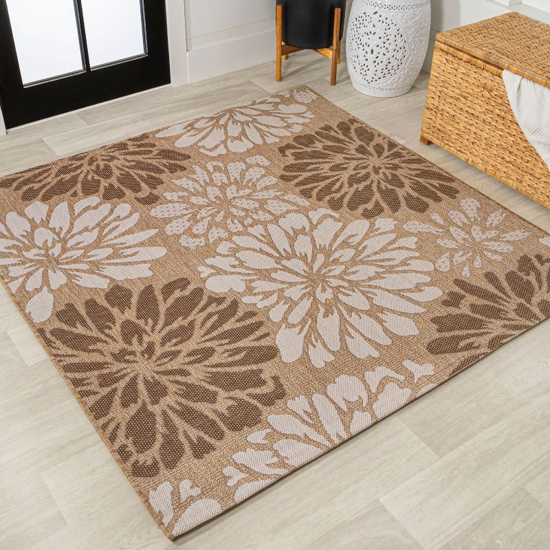 5' x 5' Zinnia Modern Floral Textured Weave Indoor/Outdoor Area Rug, Brown/Cream - JONATHAN Y