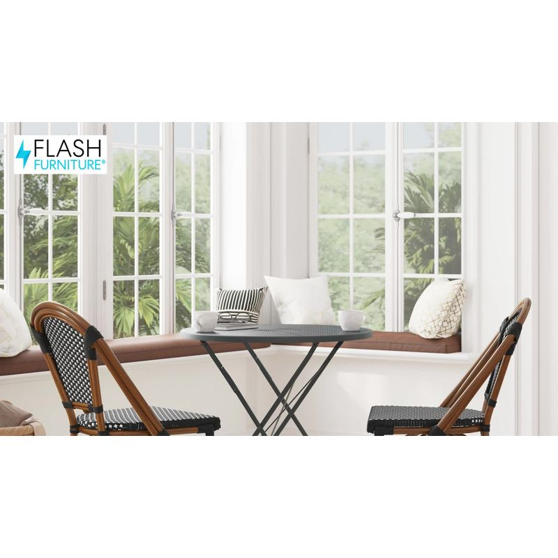 Emma & Oliver Soie Set of Two Stacking Bistro Chairs with Navy and White PE Seat and Back and Bamboo Finished Aluminum Frame for Indoor/Outdoor Use