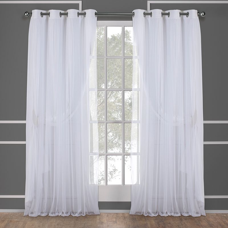 Set of 2 (108"x52") Catarina Layered Solid Blackout & Sheer Window Curtain Panel: White Curtains, Room Darkening