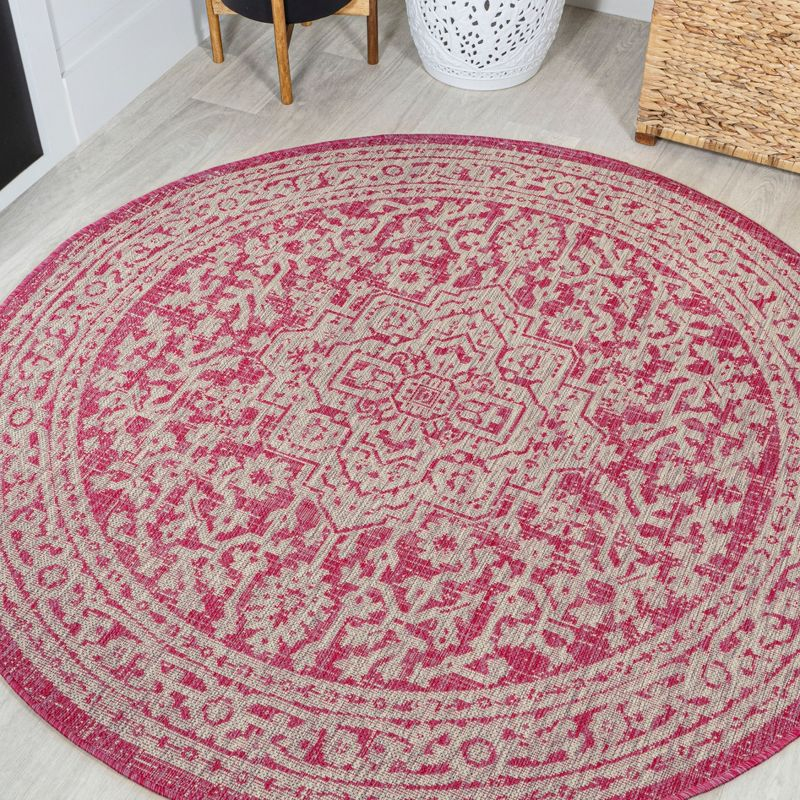 5' Round Sinjuri Medallion Textured Weave Indoor/Outdoor Area Rug, Fuchsia/Light Gray - JONATHAN Y