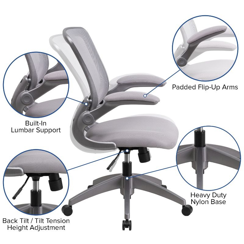 Flash Furniture Mid-Back Gray Mesh Swivel Ergonomic Task Office Chair with Gray Frame and Flip-Up Arms