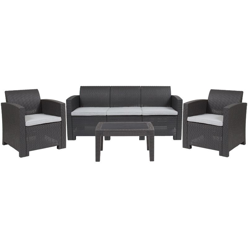 Merrick Lane 4 Piece Dark Gray Faux Rattan Patio Furniture Set with 2 Chairs and Sofa with Removable Light Gray Cushions and Table