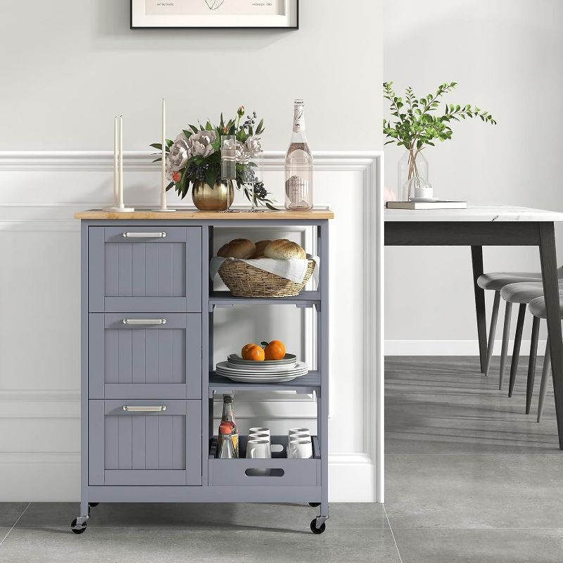Tangkula Kitchen Island Cart on Wheels w/Rubber Wood Top 3 Storage Drawers & 2 Removable Shelves & Removable Tray Lockable Casters Grey