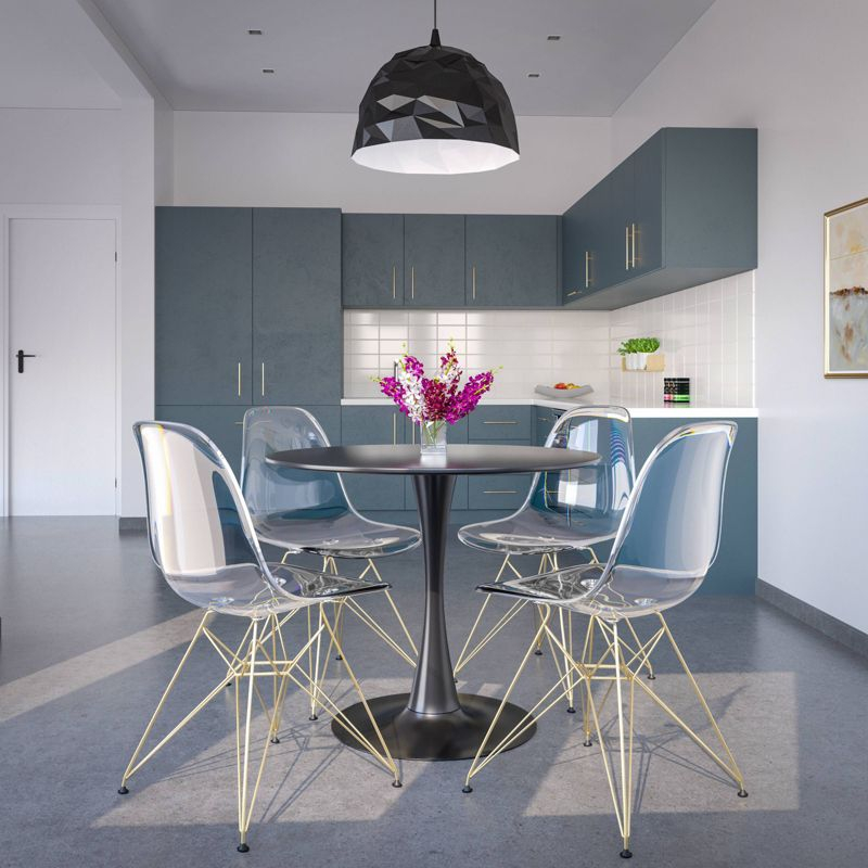 LeisureMod Cresco Series Modern Plastic Dining Chair Accent Side Chair with Brushed Gold Chrome Legs in Clear