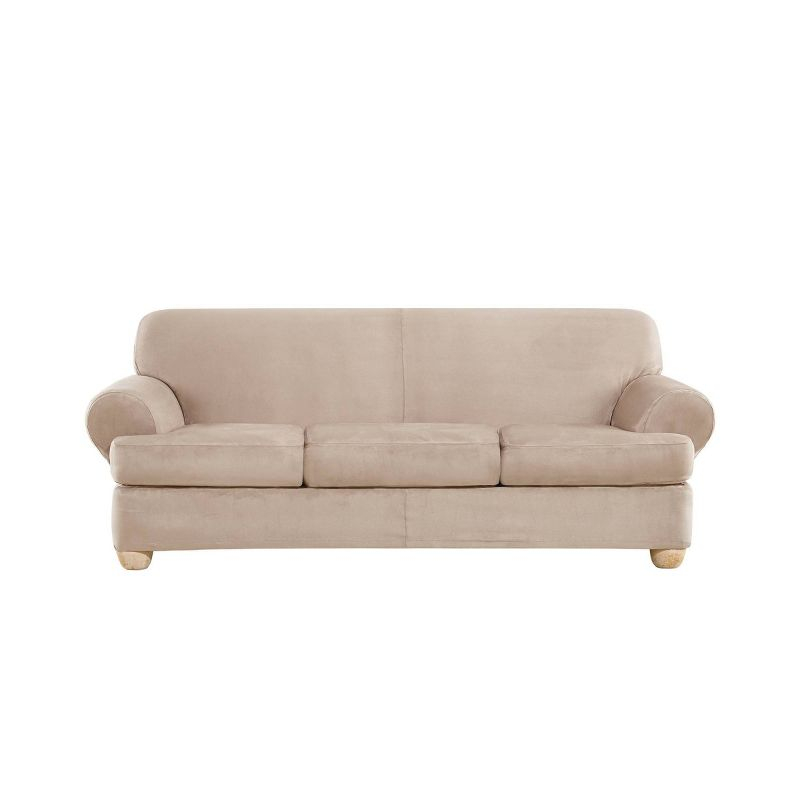 4pc Ultimate Stretch Suede T Cushion Sofa Slipcovers Cement - Sure Fit: Elastic, Zippered, Indoor Use