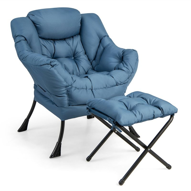Tangkula Lazy Sofa Chair Accent Leisure Armchair with Folding Footrest & Storage Pocket Blue