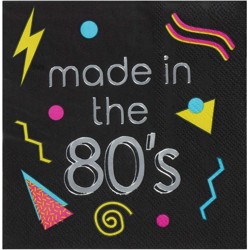 Juvale 80s Cocktail Napkins - 50-Pack Made in the 80s in Silver Foil Disposable Napkins, Black