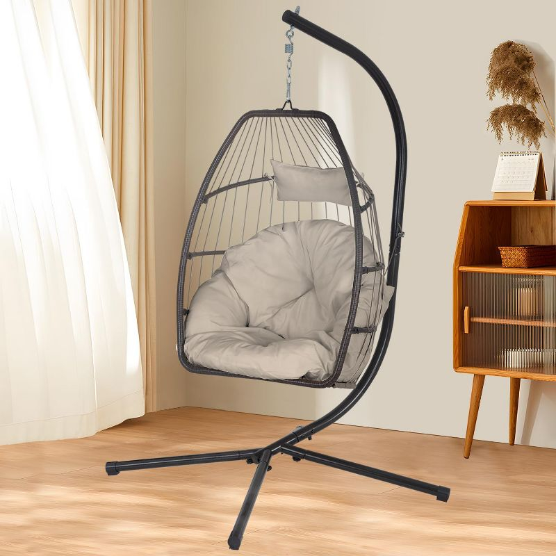 FDW Egg Hanging Chair with Stand Hammock Chair Hanging Patio Swing Chair UV Resistant Cushion for Indoor Bedroom Outdoor Garden Backyard Balcony(Tan)
