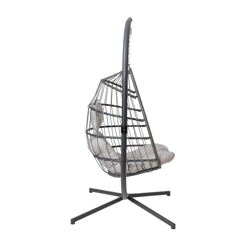 Flash Furniture Cleo Patio Hanging Egg Chair, Wicker Hammock with Soft Seat Cushions & Swing Stand, Indoor/Outdoor Gray Frame-Gray Cushions