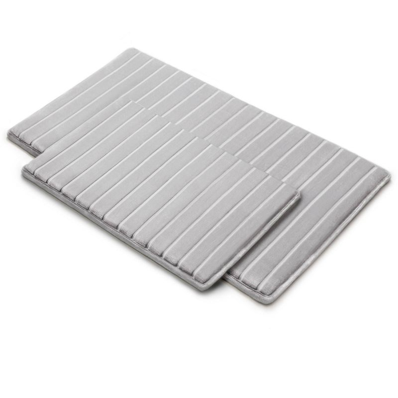 2pc 17"x24" and 21"x34" MICRODRY SoftLux Quilted Striped Memory Foam Bath Rug/Runner with Skid Resistant Base Light Gray
