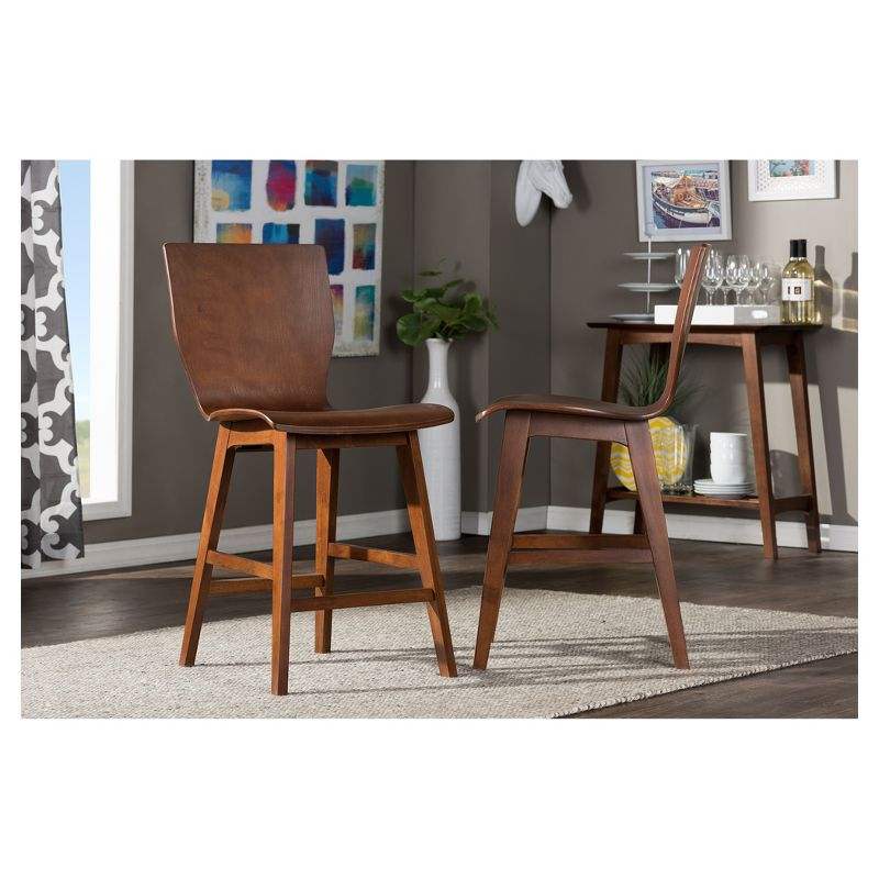Set of 2 Elsa Mid - Century Modern Scandinavian Style Bent Wood Counter Height Barstool - "Walnut" Dark Brown - Baxton Studio