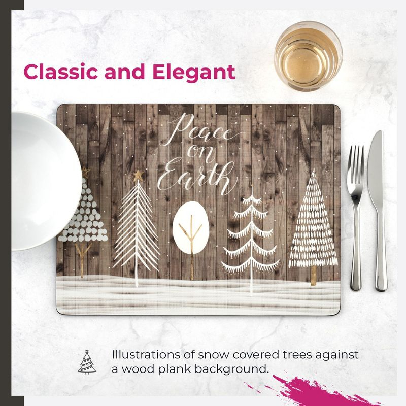 Pimpernel Wooden White Christmas Placemats (Set of 4), Cork-Backed, Heat-Resistant Table Mats, (15.7" x 11.7"), Festive Snowy Tree Design