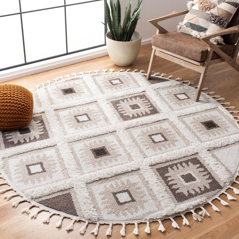Moroccan Tassel Shag MTS601 Power Loomed Indoor Accent Rug - Ivory/Brown - 4' Round - Safavieh
