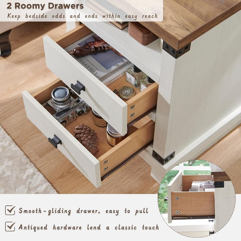 SinCiDo Nightstand with Charging Station, 18″ Farmhouse Night Stand with 2 Drawers, Wood Rustic End Table, Antique White