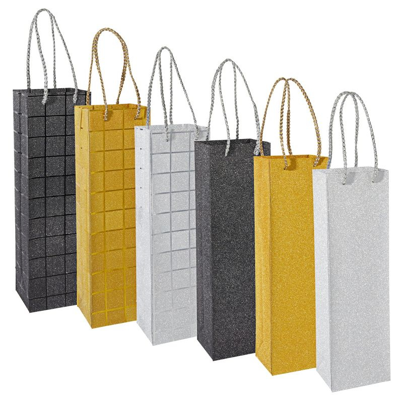 Juvale 6 Pack Foiled Glitter Wine Bottle Gift Bags with Handles for Holidays, New Years, Birthdays, Silver, Black, Gold, 3.8 x 14 x 3.3 n