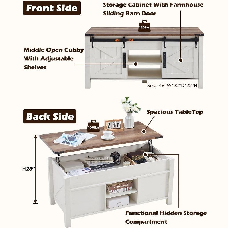 OKD 48" Farmhouse Lift Top Coffee Table with Sliding Barn Door & Adjustable Shelf, Antique White