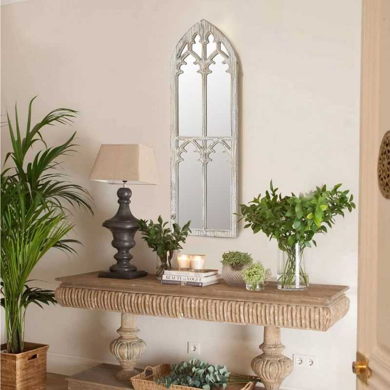 LuxenHome Distressed White Wood Cathedral Framed Wall Mirror