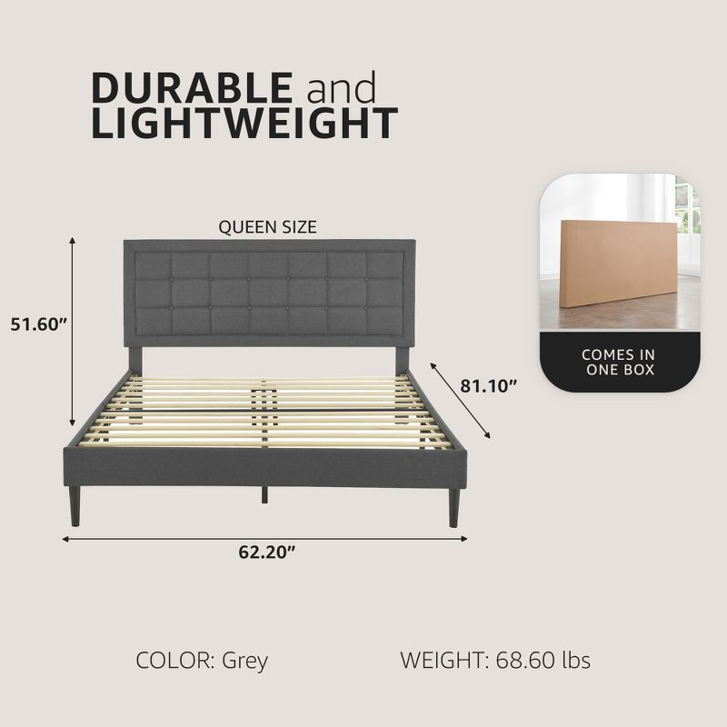 DeCoro Mornington Upholstered 2.0 Platform Full Size Bed Frame with Headboard for Indoor Use, Bedrooms, and Sleep Essentials, Queen, Grey