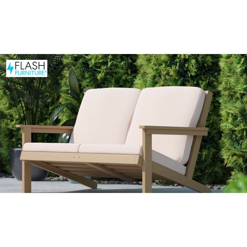 Flash Furniture Charlestown All-Weather Poly Resin Wood Adirondack Style Deep Seat Patio Loveseat with Cushions, Gray/Gray